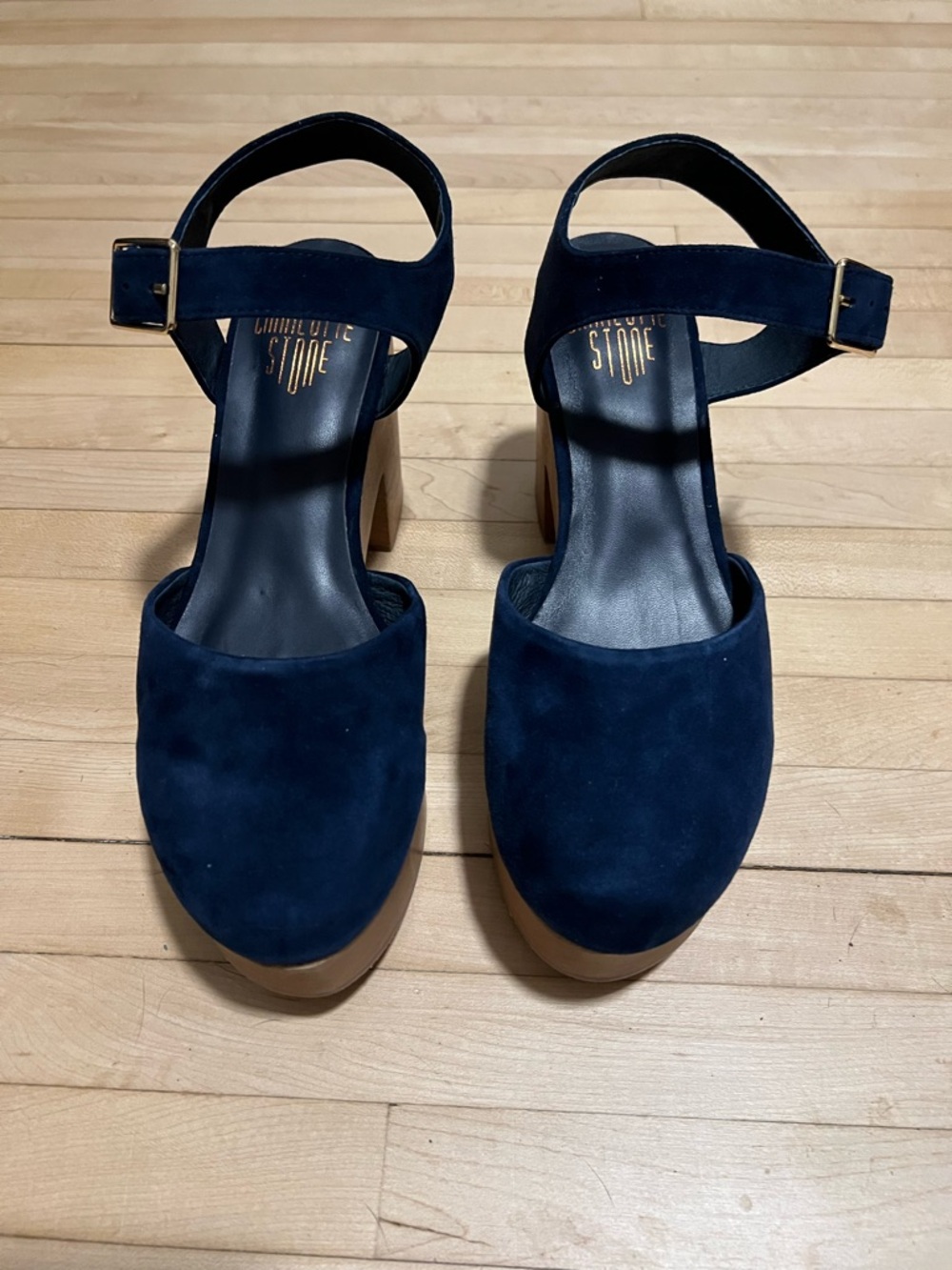 Charlotte Stone Navy Suede Platform Ankle-Strap Block Heels